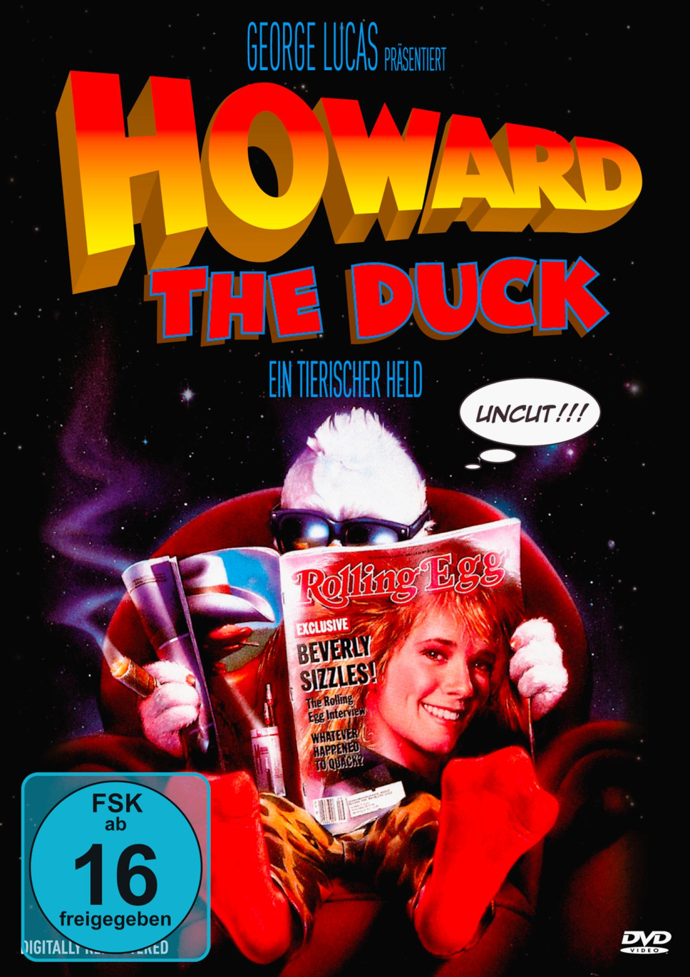 DVD-Cover für Howard the Duck. Eine Ente mit Sonnenbrille liest eine Zeitschrift.