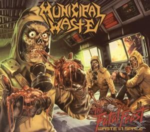 Albumcover für Municipal Waste. Cartoonfiguren in Schutzanzügen in einem Labor, eine hält ein blutiges Herz.