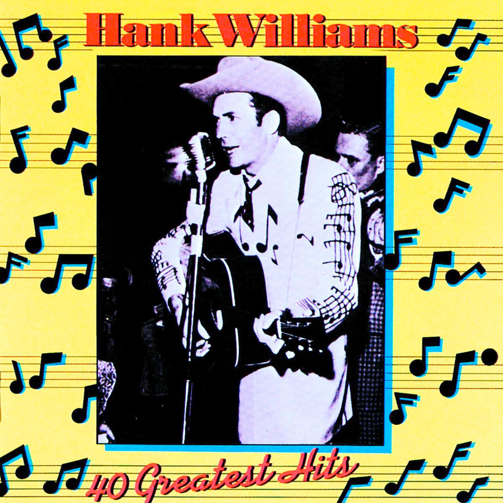 Albumcover mit Hank Williams, der in ein Mikrofon singt, umgeben von Noten und Text.