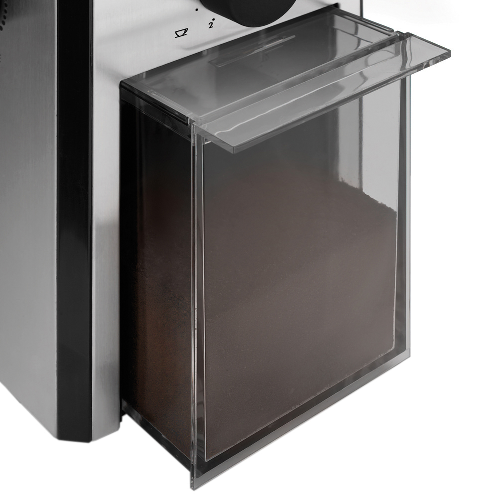 Nahaufnahme einer Kaffeemühle mit transparentem Behälter und Kaffeepulver darin.