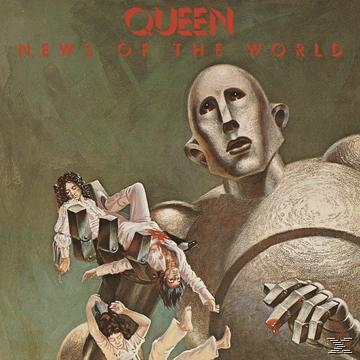 Albumcover: Queen, Roboter hält stürzende Menschen, grüner Hintergrund, Roboterhand mit Blut.