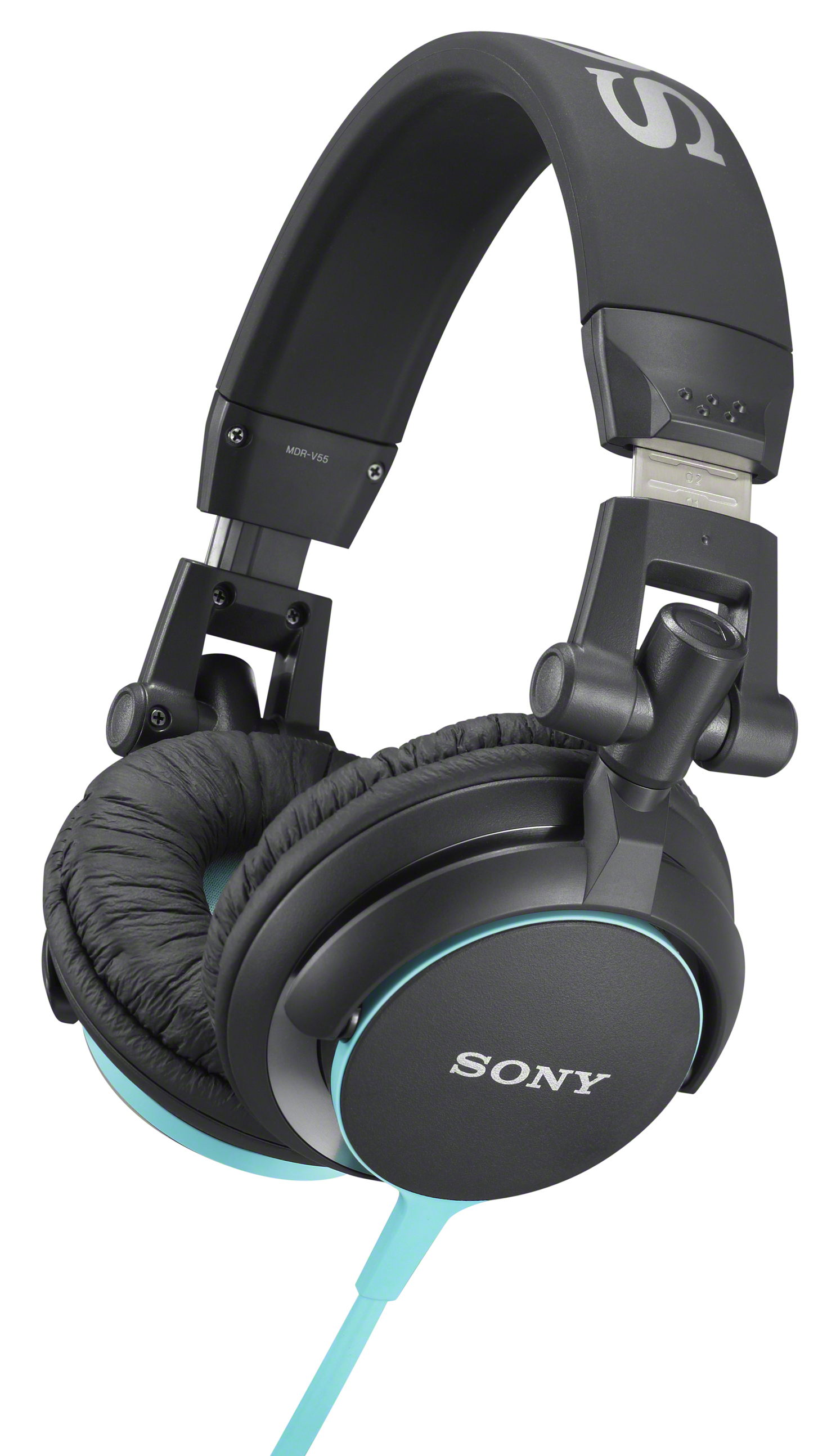 Schwarze und blaue Sony Kopfhörer auf weißem Hintergrund. Over-Ear-Design. Seitenansicht.
