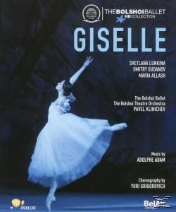 Ballettplakat mit einer Ballerina in weißem Kleid, Titel 'Giselle' und dem Logo des Bolschoi-Balletts.