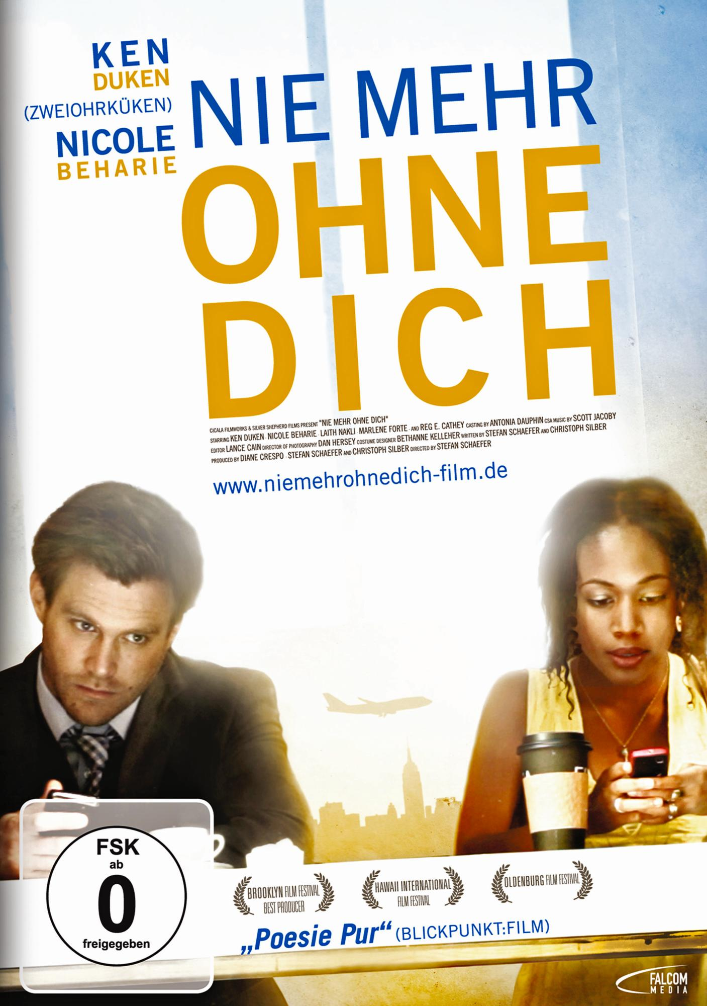 DVD-Cover: Mann und Frau schauen auf Telefone, Filmtitel 'Nie Mehr Ohne Dich'.