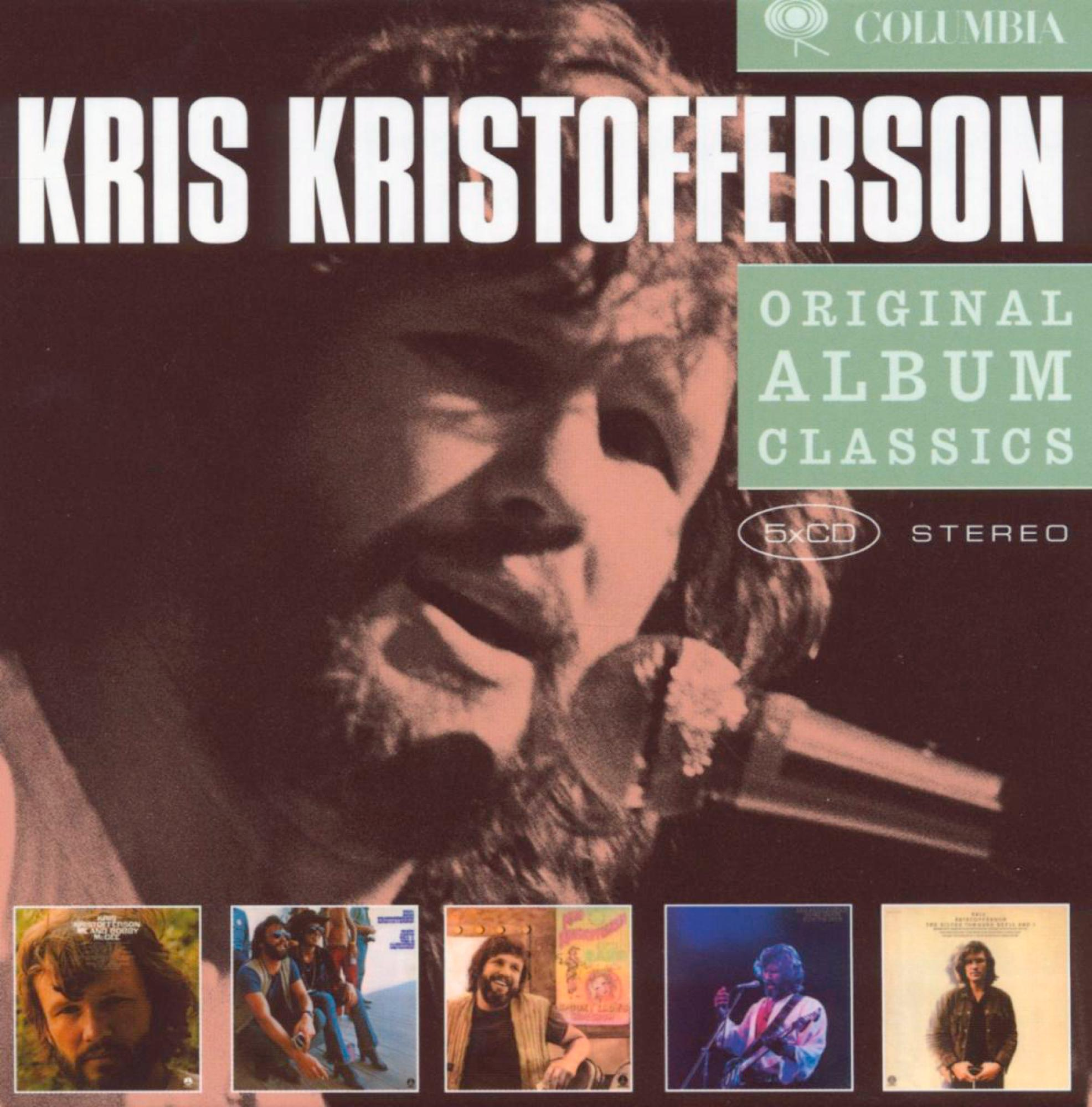 Kris Kristofferson Albumcover: Porträt mit Text und kleine Albumcover unten.