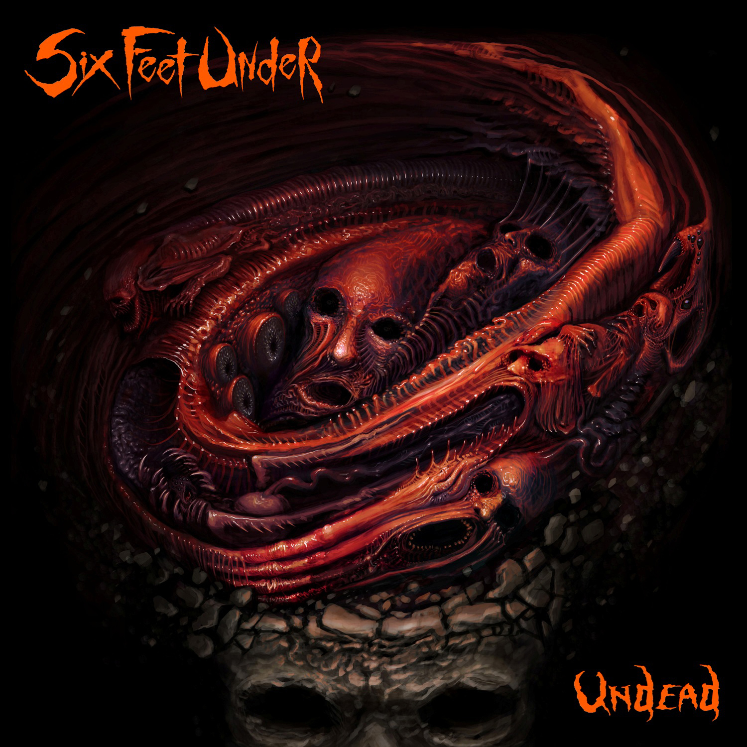 Six Feet Under-Albumcover: Eine dunkle, groteske Darstellung einer Masse von Gesichtern in einer fleischigen Masse.