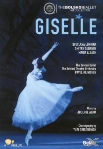 Giselle Ballett-DVD-Cover. Eine Ballerina in weißem Kleid und blauem Hintergrund mit Text.