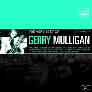 Albumcover: The Very Best of Gerry Mulligan. Ein Mann spielt ein Saxophon. Türkis und Schwarz.