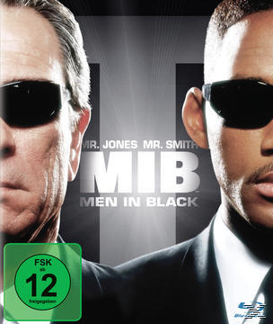 DVD-Hülle von Men in Black mit Will Smith und Tommy Lee Jones. Der Hintergrund ist schwarz und weiß.