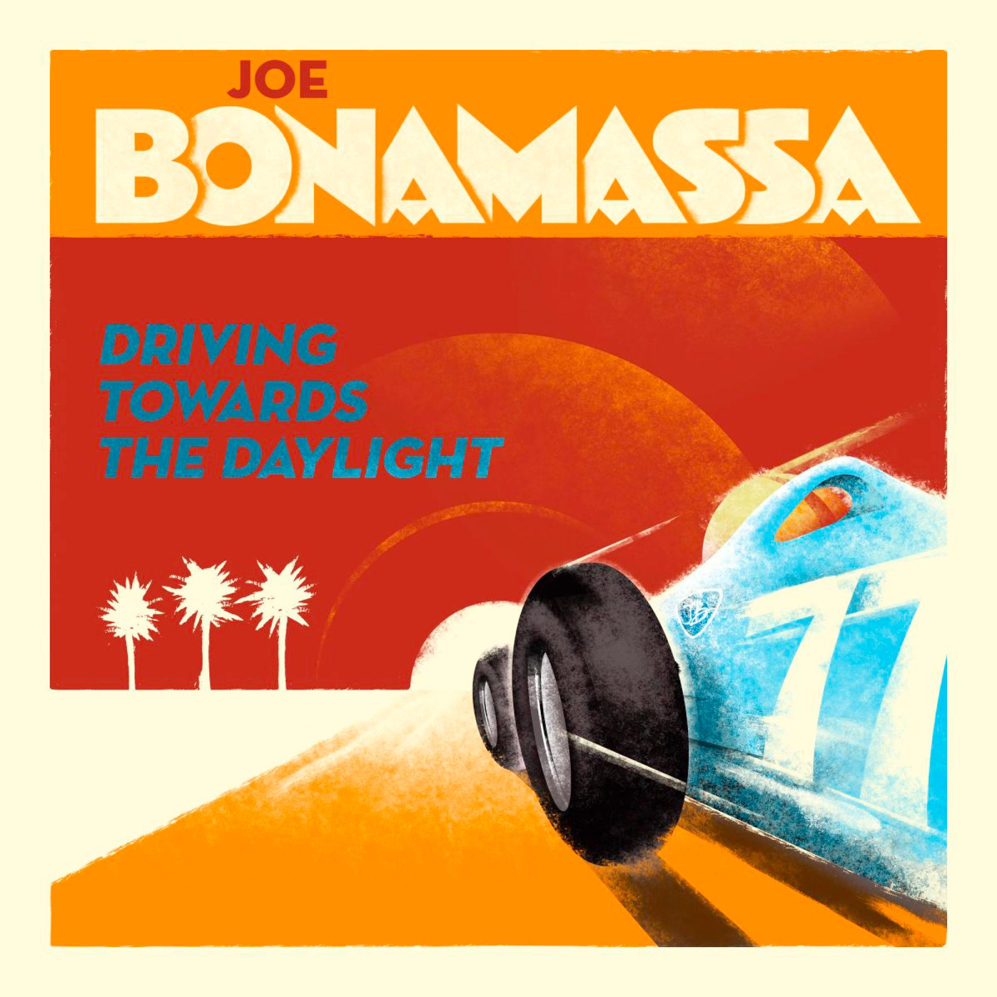 Albumcover mit dem Titel Joe Bonamassa und einem Rennwagenbild mit dem Text: Driving Towards The Daylight.
