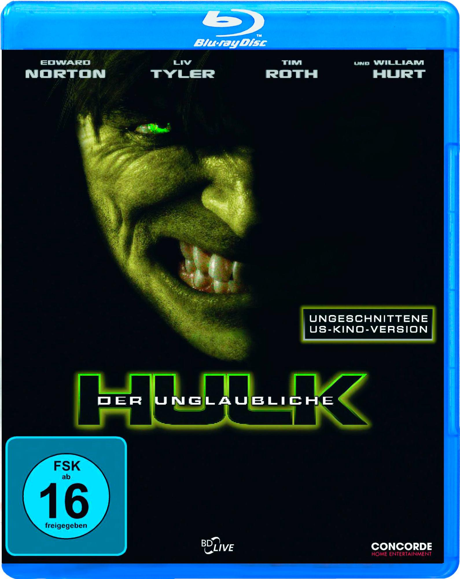 Hulk Blu-ray-Cover: Grünes Hulk-Gesicht, mit Edward Nortons Gesicht. Titel: 'Der Unglaubliche Hulk'.