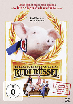 Ein DVD-Cover mit einem Schwein, das ein Band trägt, und dem Filmtitel 'Rennschwein Rudi Rüssel'.