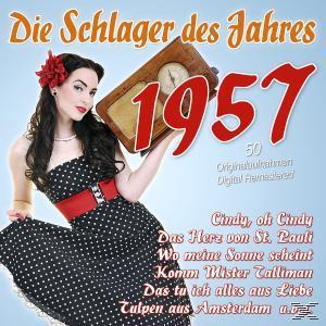 Albumcover mit Frau, die Radio hält, und Text: Die Schlager des Jahres 1957 und Lieder.