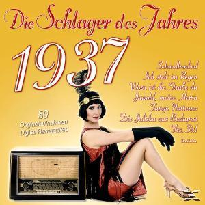 Albumcover für "Die Schlager des Jahres 1937" mit einer Frau, einem Radio und Text.