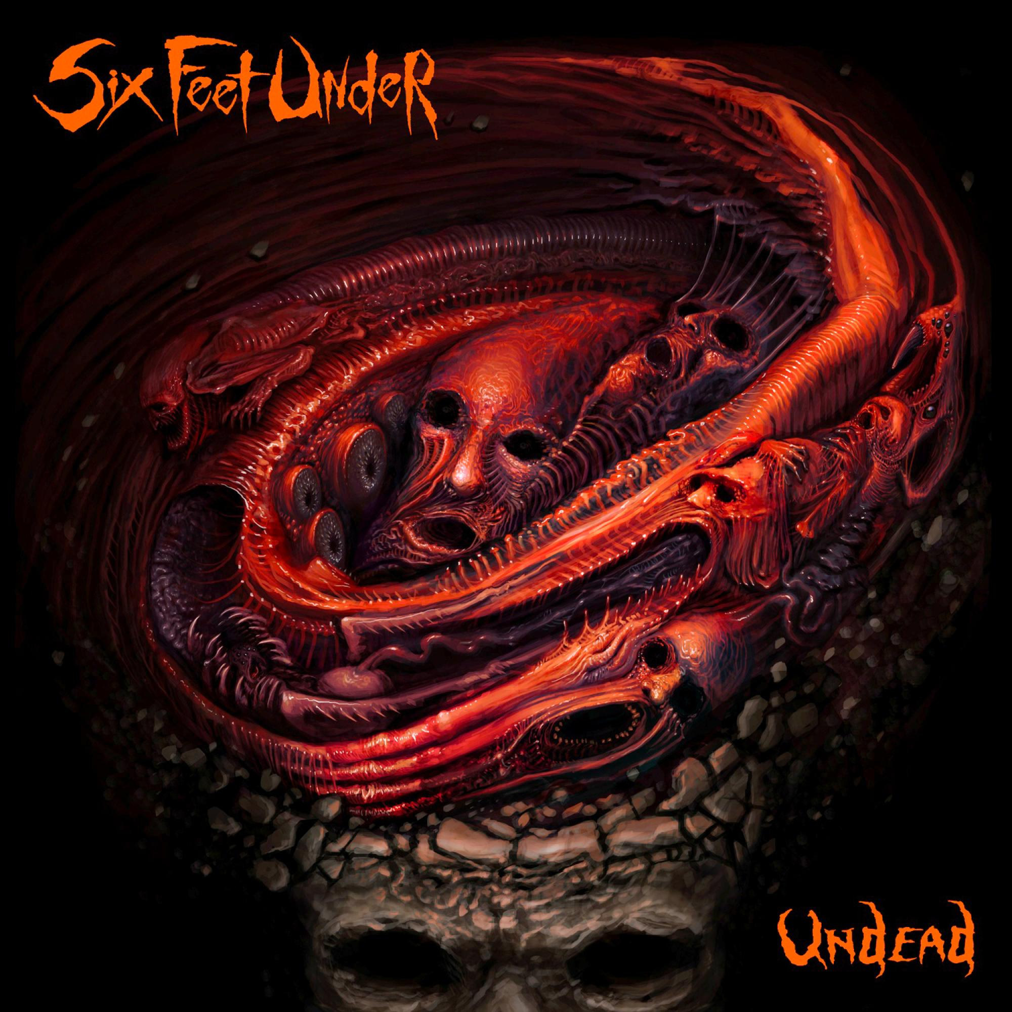Albumcover 'Six Feet Under - Undead'. Eine groteske schädelartige Form mit roten, fleischigen Details auf schwarzem Hintergrund.
