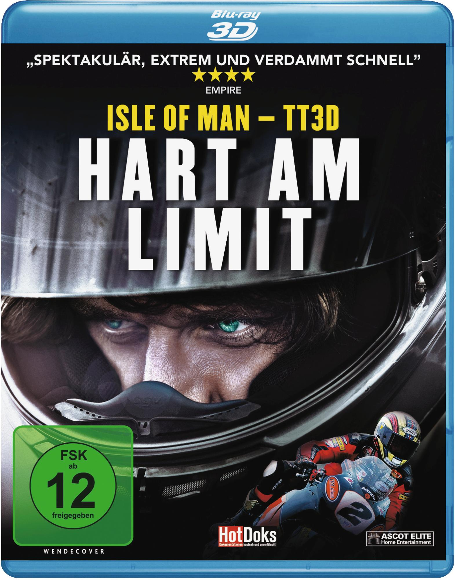 Blu-ray-Cover, Isle of Man TT3D, ein Rennfahrer im Helm und eine Rennszene.