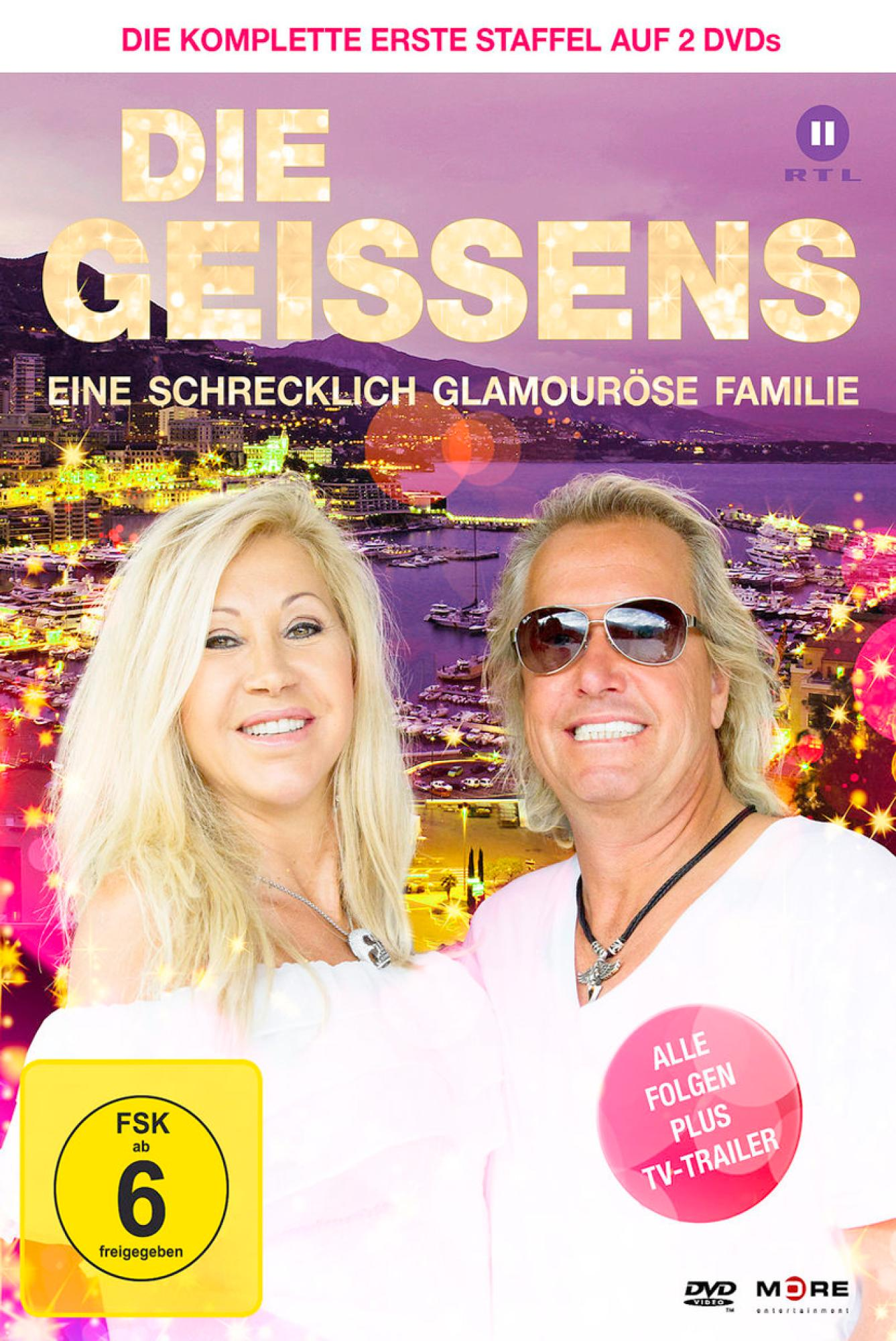 DVD-Cover von "Die Geissens". Ein Paar lächelt vor einer Stadtkulisse, Text auf Deutsch, Pink und Gold.