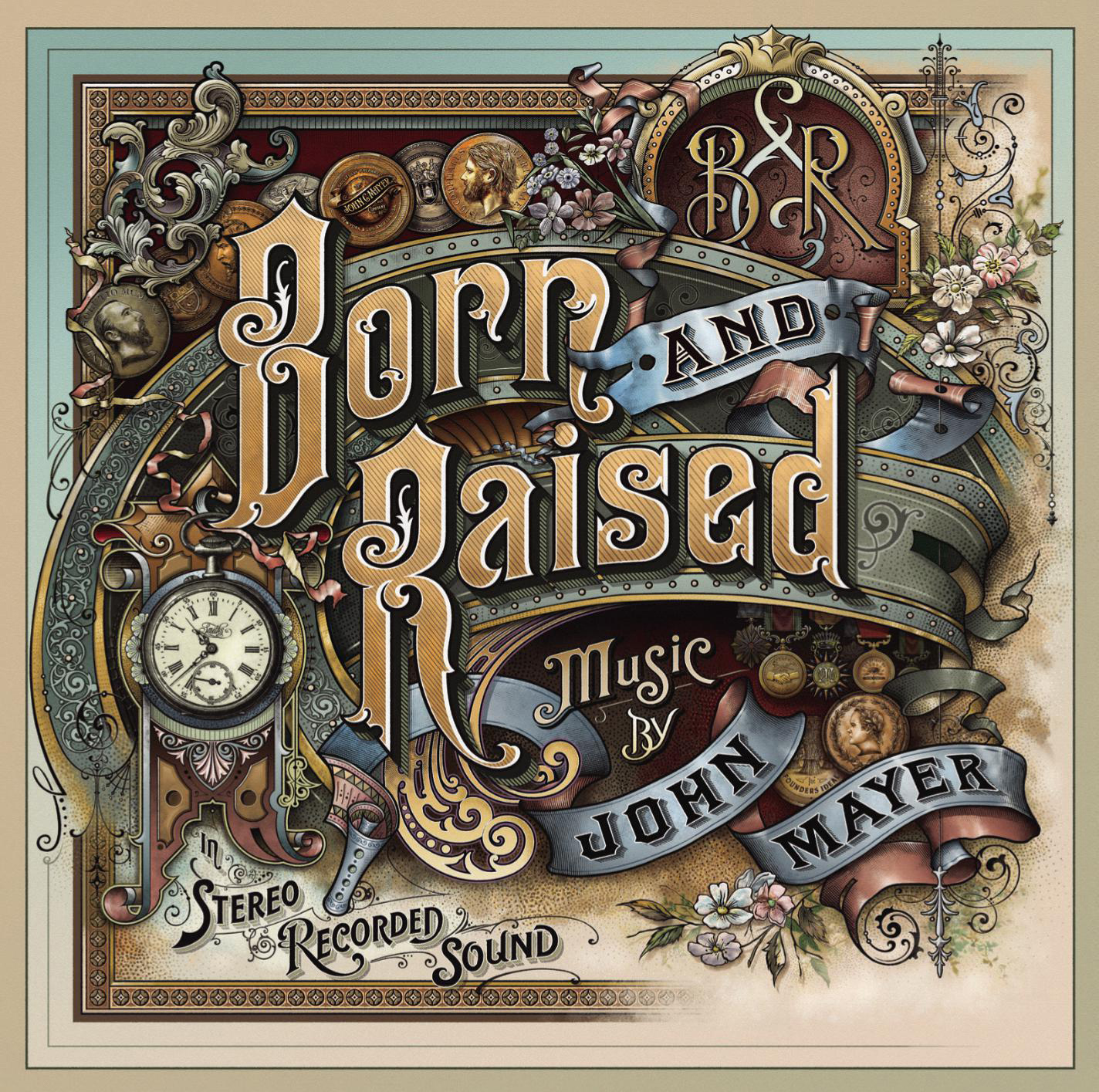 Albumcover: Aufwändiges Design. Titel: Born and Raised. Künstler: John Mayer. Detailliertes Design mit Text und Symbolen.
