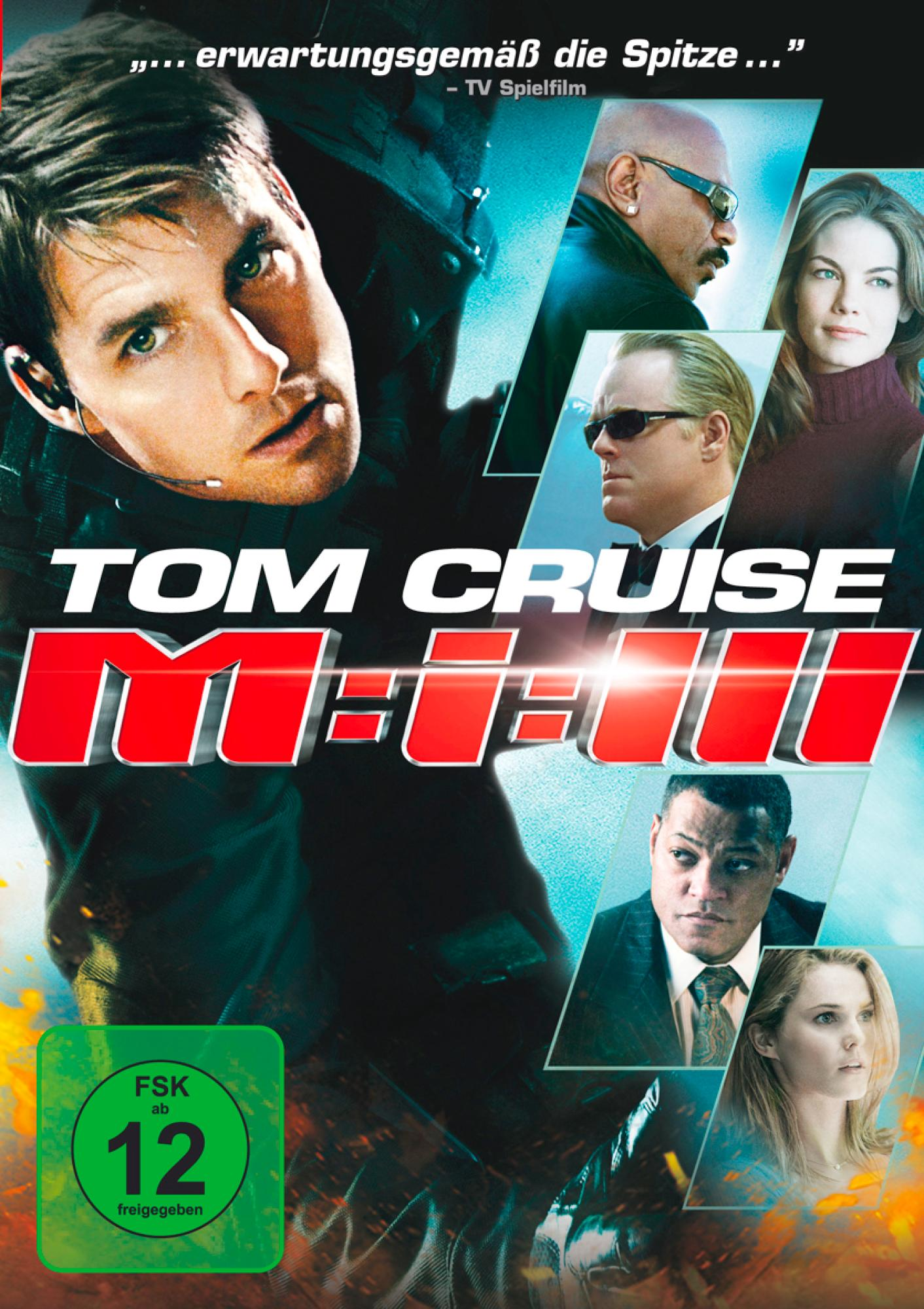 Filmplakat. Tom Cruise in schwarzem Outfit und andere Schauspieler im Hintergrund. Titel: M:I-III.