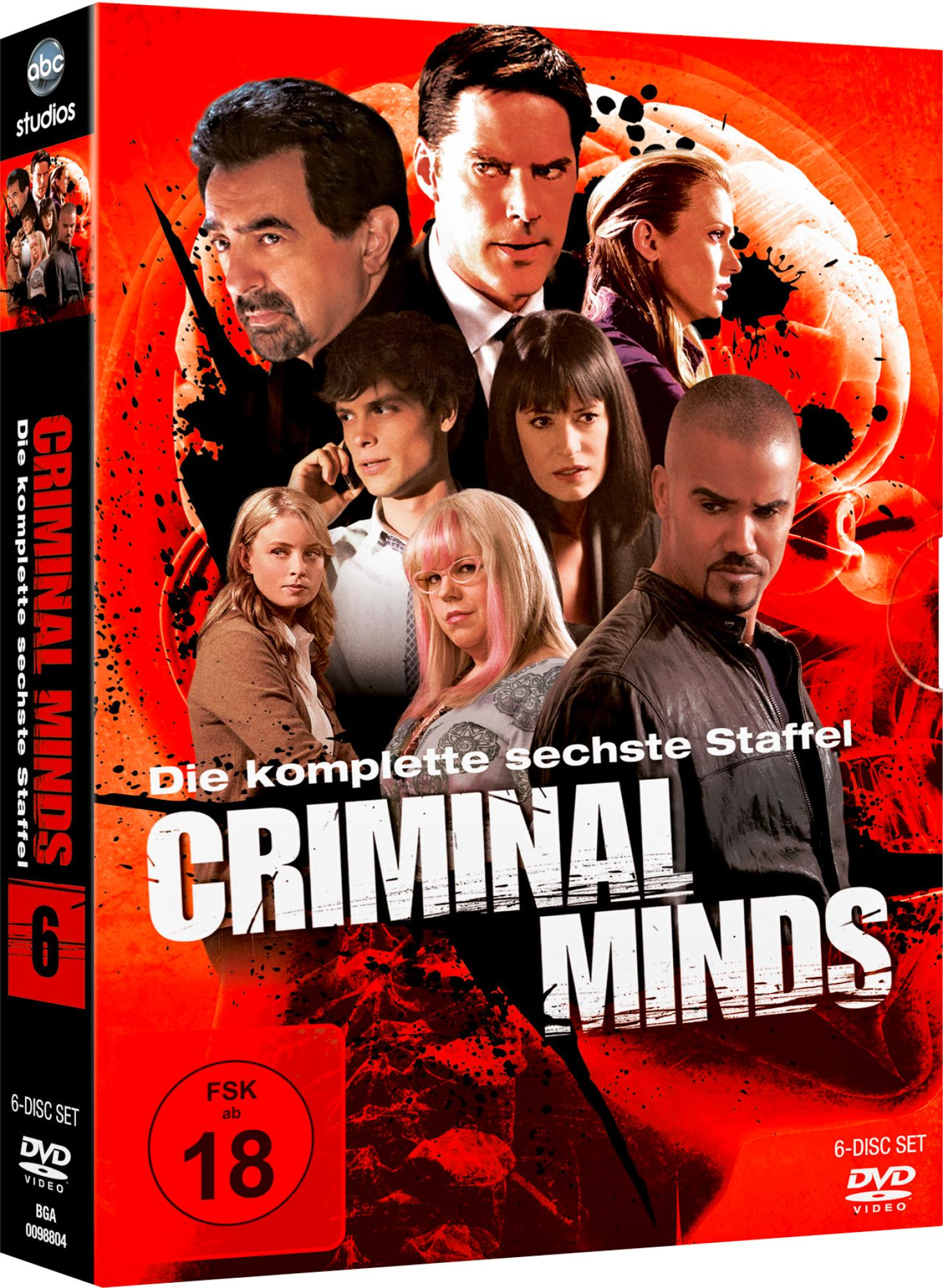 DVD-Cover. Gruppe von Personen auf rotem Hintergrund. Text: Criminal Minds, sechste Staffel. Die '6' ist prominent.