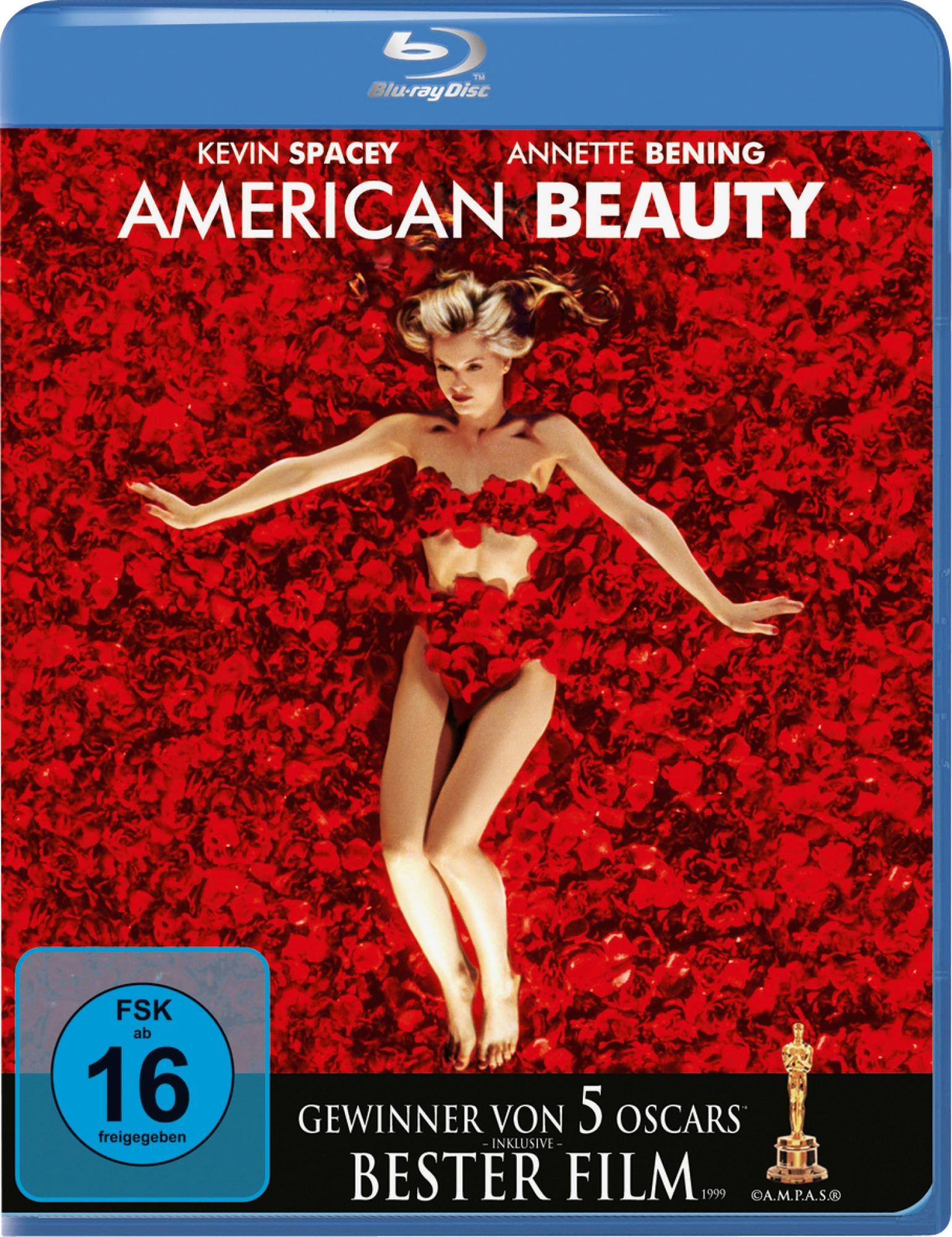 DVD-Cover: American Beauty. Frau in Rosenblättern. Text: Kevin Spacey, Annette Bening und Oscar.