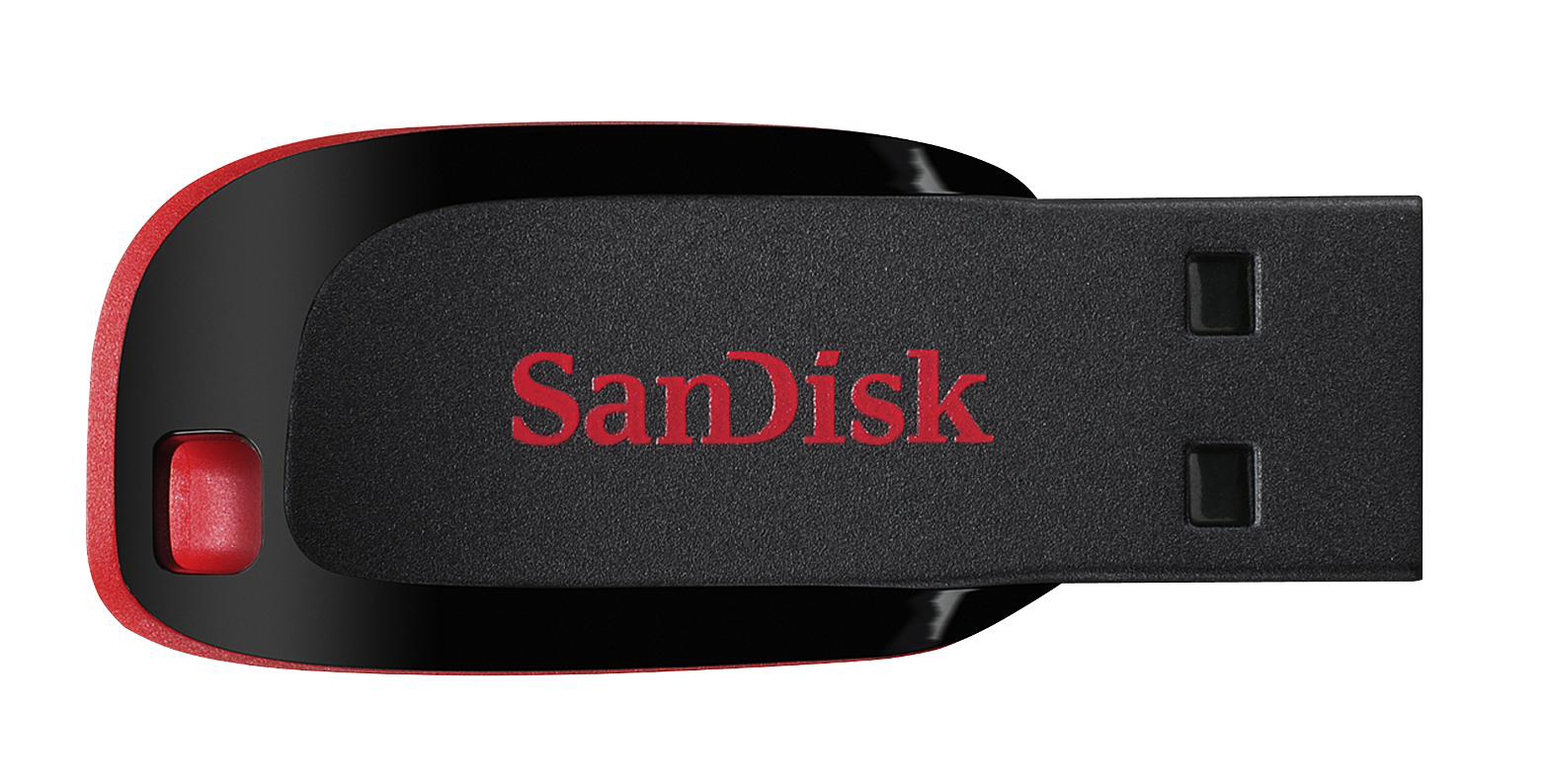 Ein schwarzer und roter Sandisk USB-Stick. Das Sandisk-Logo ist rot.