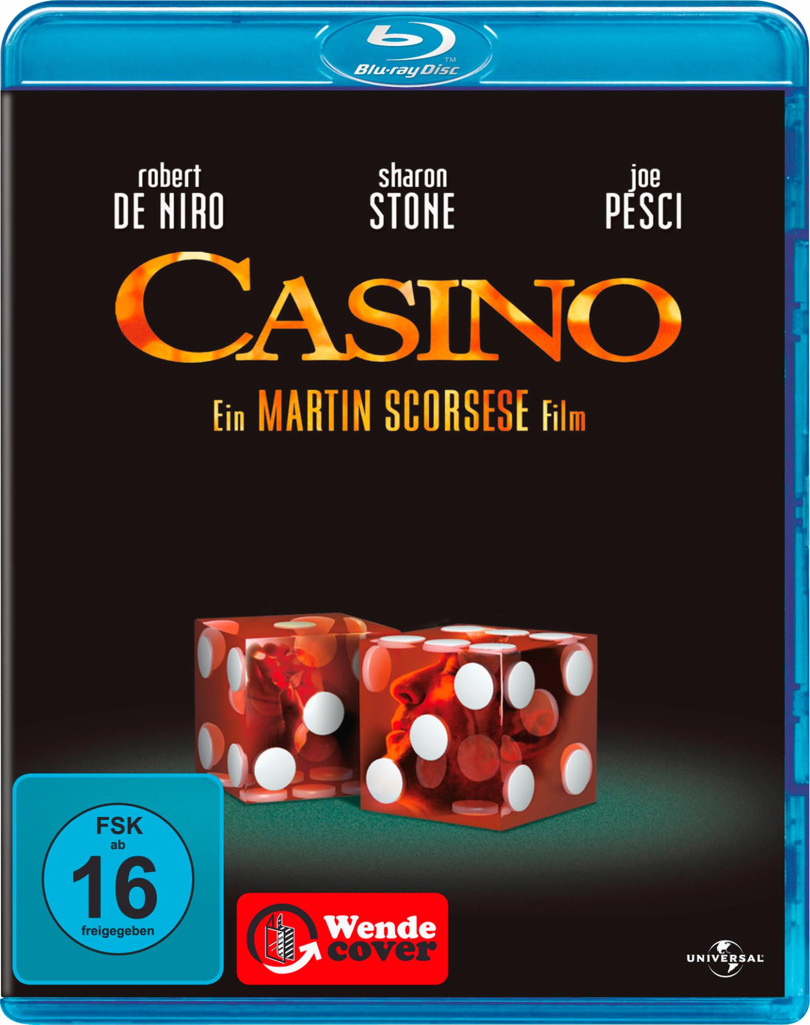 Blu-ray-Cover für 'Casino' mit Robert De Niro, Sharon Stone und Joe Pesci und Würfeln auf schwarzem Hintergrund.