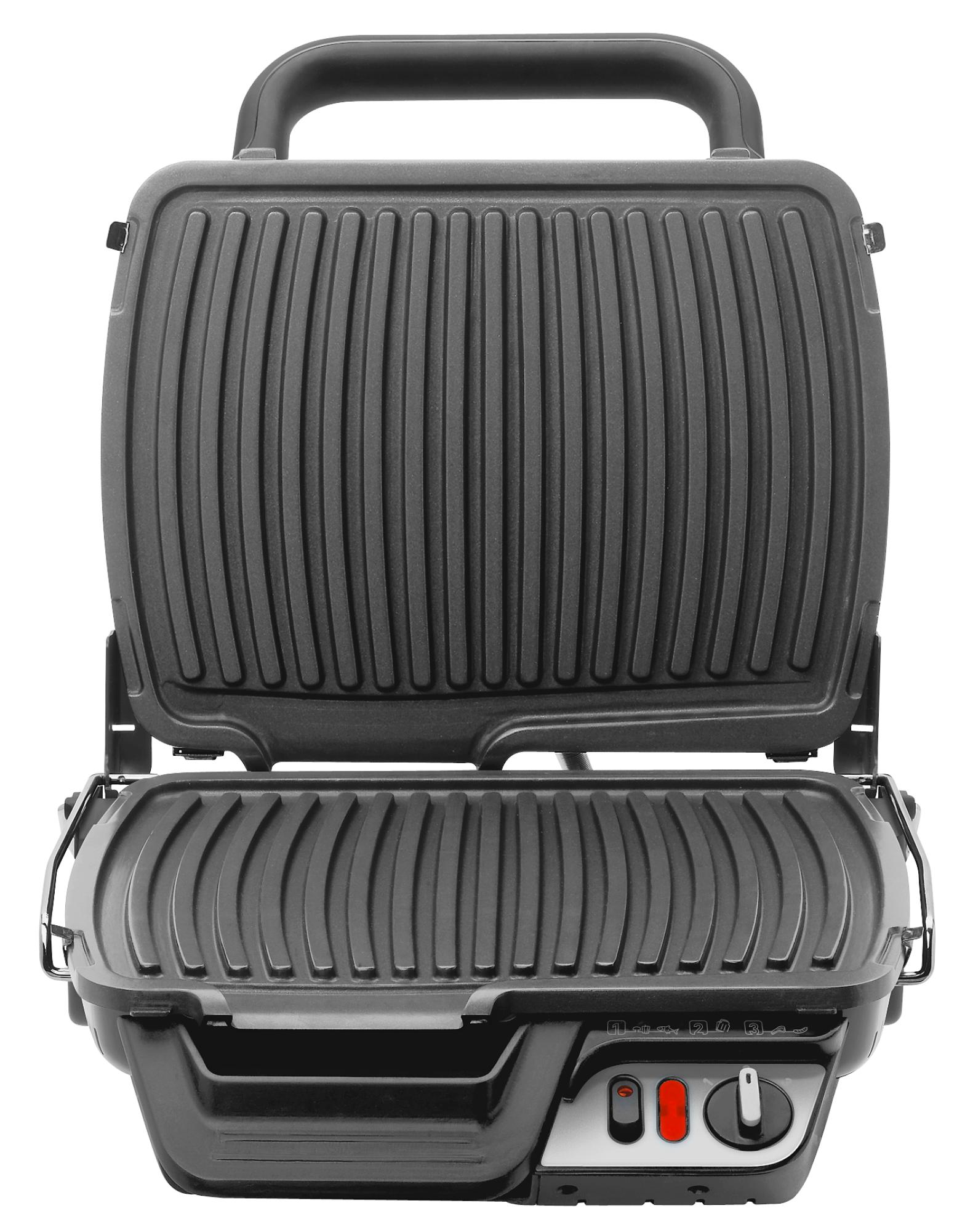 Un grill noir avec une poignée. Le grill est ouvert.
