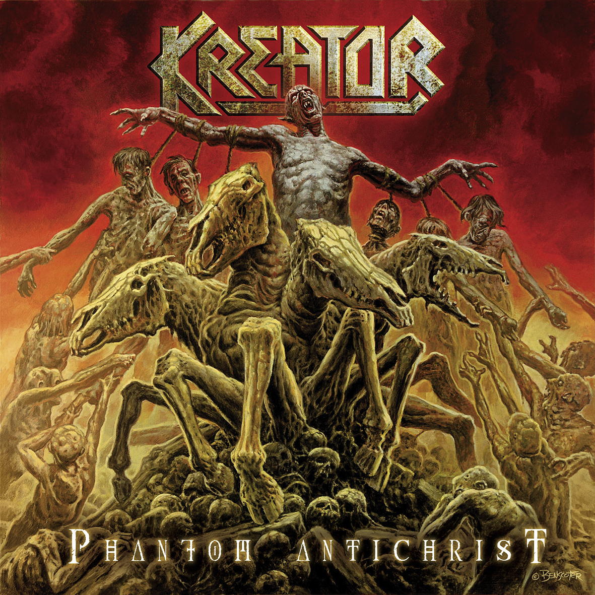 Albumcover 'Kreator'. Eine Figur mit offenen Armen steht auf einem Totenkopfhaufen, umgeben von Zombies.