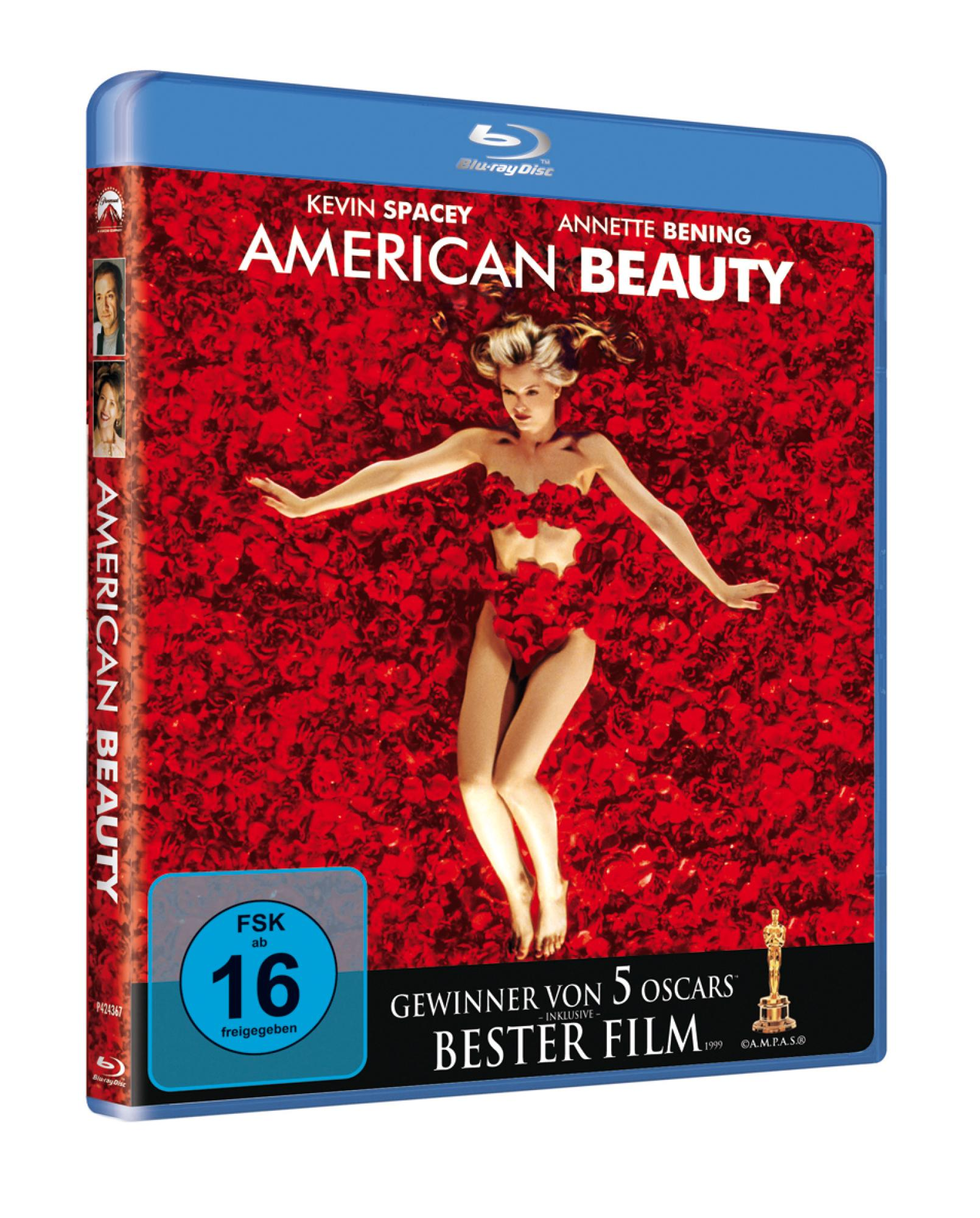 DVD-Cover. Eine Frau in Rosen. Text: American Beauty. Schauspieler: Kevin Spacey, Annette Bening. Blu-ray Disc.