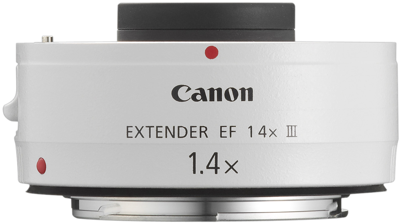 Weißes Canon Extender EF 14x III Objektiv mit roten Punkten. Canon und 1,4x Text auf der Seite.
