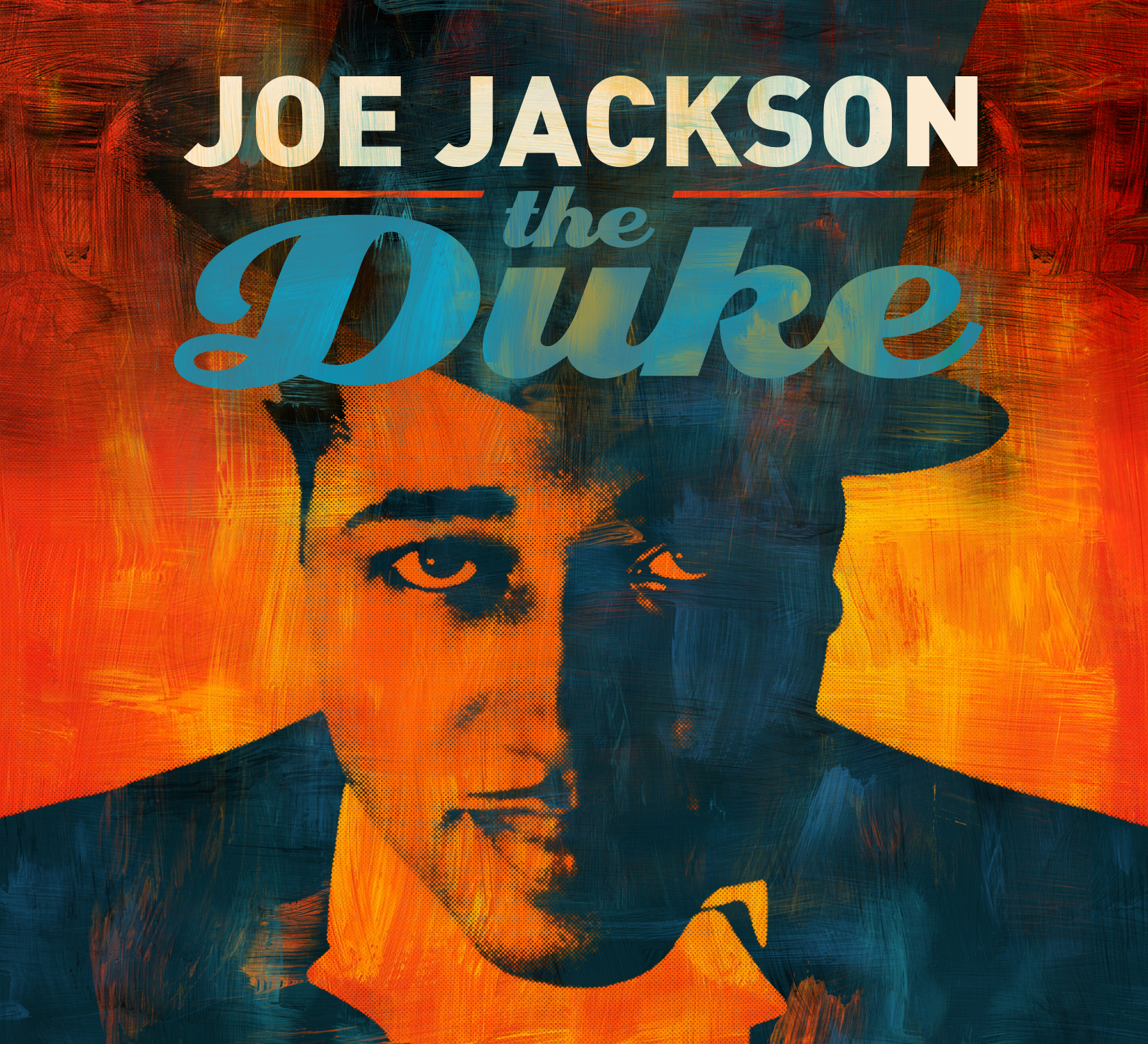 Joe Jackson Albumcover, ein gemaltes Porträt mit einem Männergesicht in Orange und Blau.