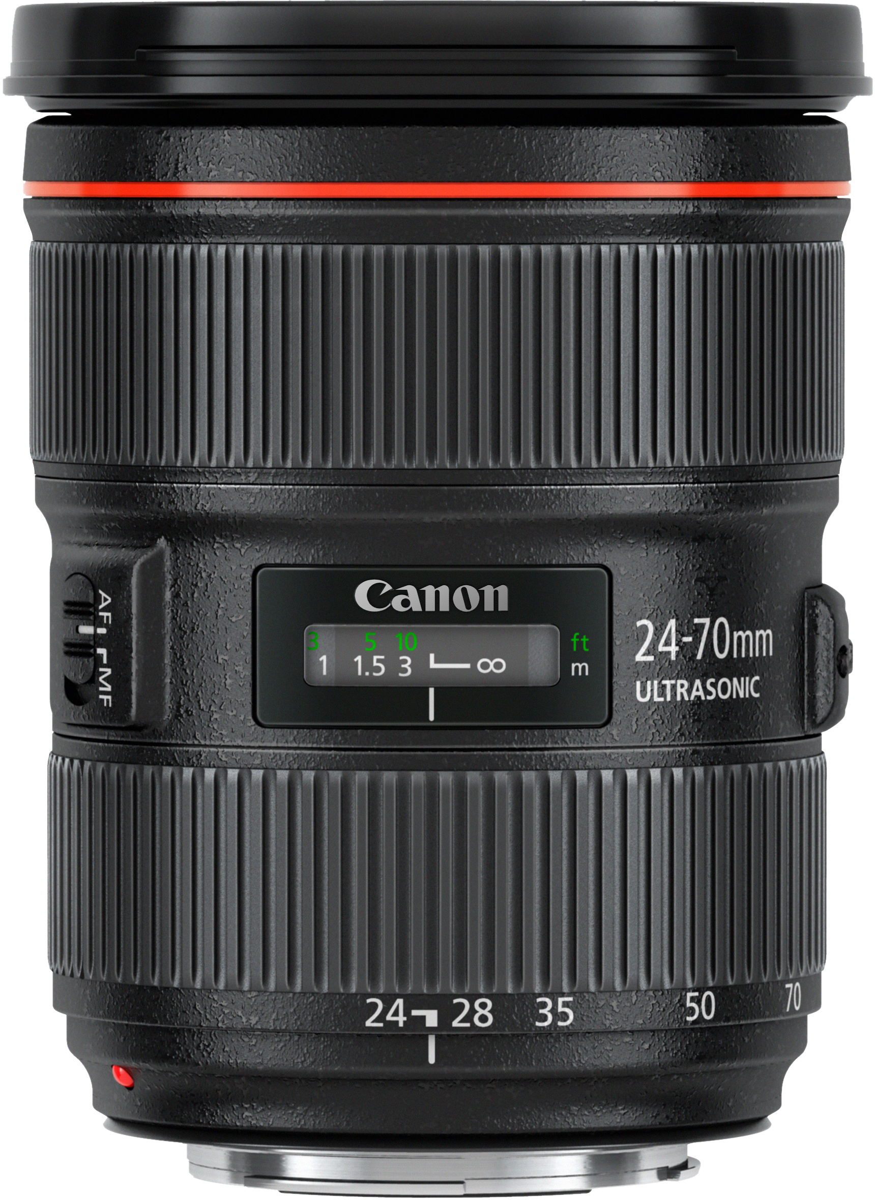 Ein schwarzes Canon 24-70mm Kameraobjektiv mit roten Akzenten und Fokusmarkierungen.