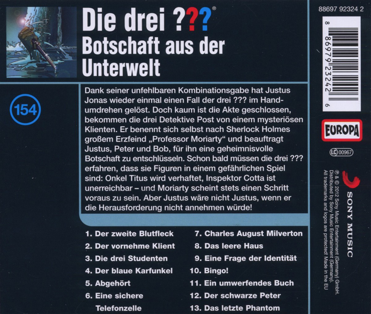 Albumcover: Text listet die Tracks auf dem Album 'Die drei ???' mit einem Bild eines Detektivs auf.