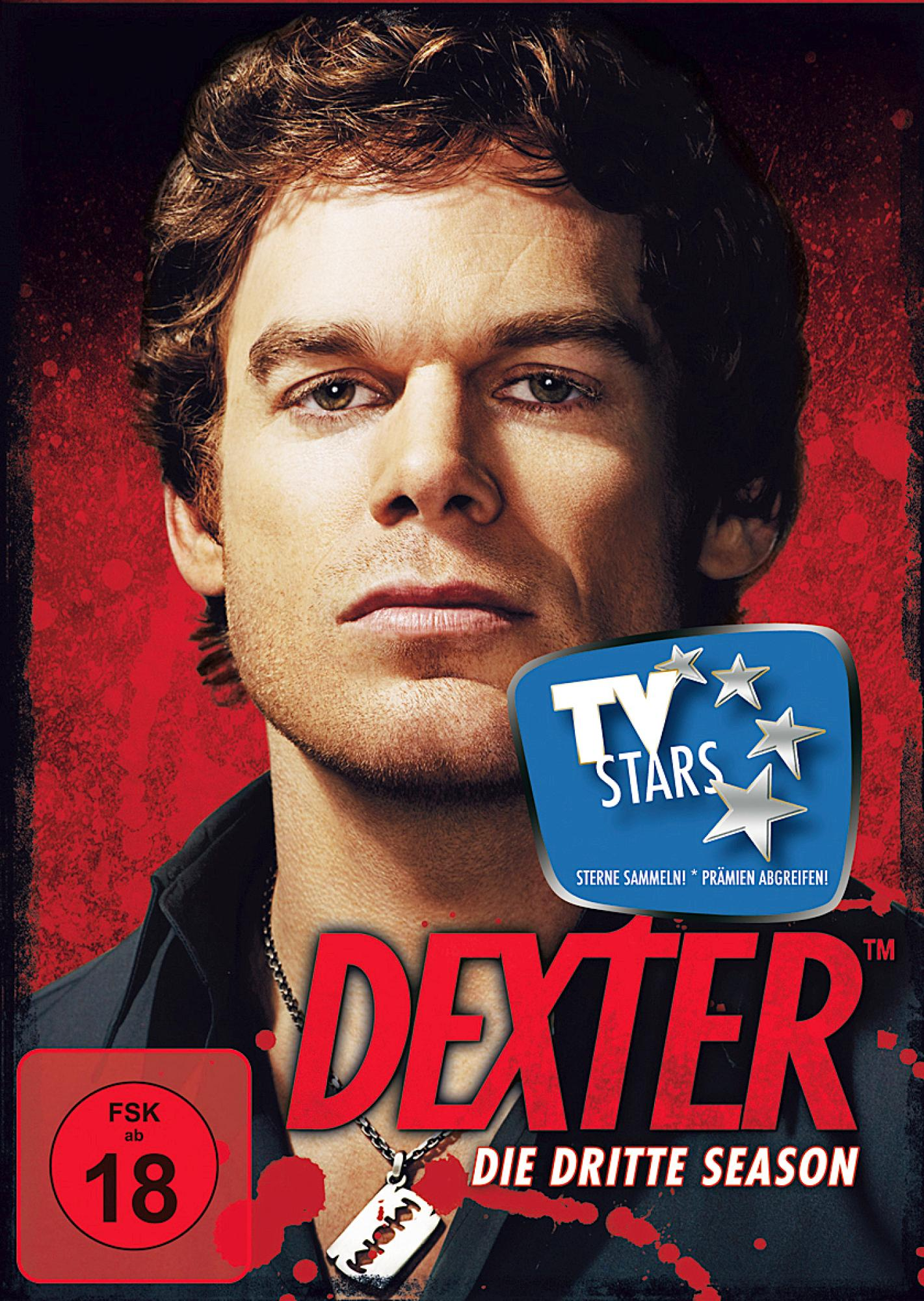 Filmcover für 'Dexter: The Third Season'. Porträt des Schauspielers, roter Hintergrund, TV-Stars-Logo.