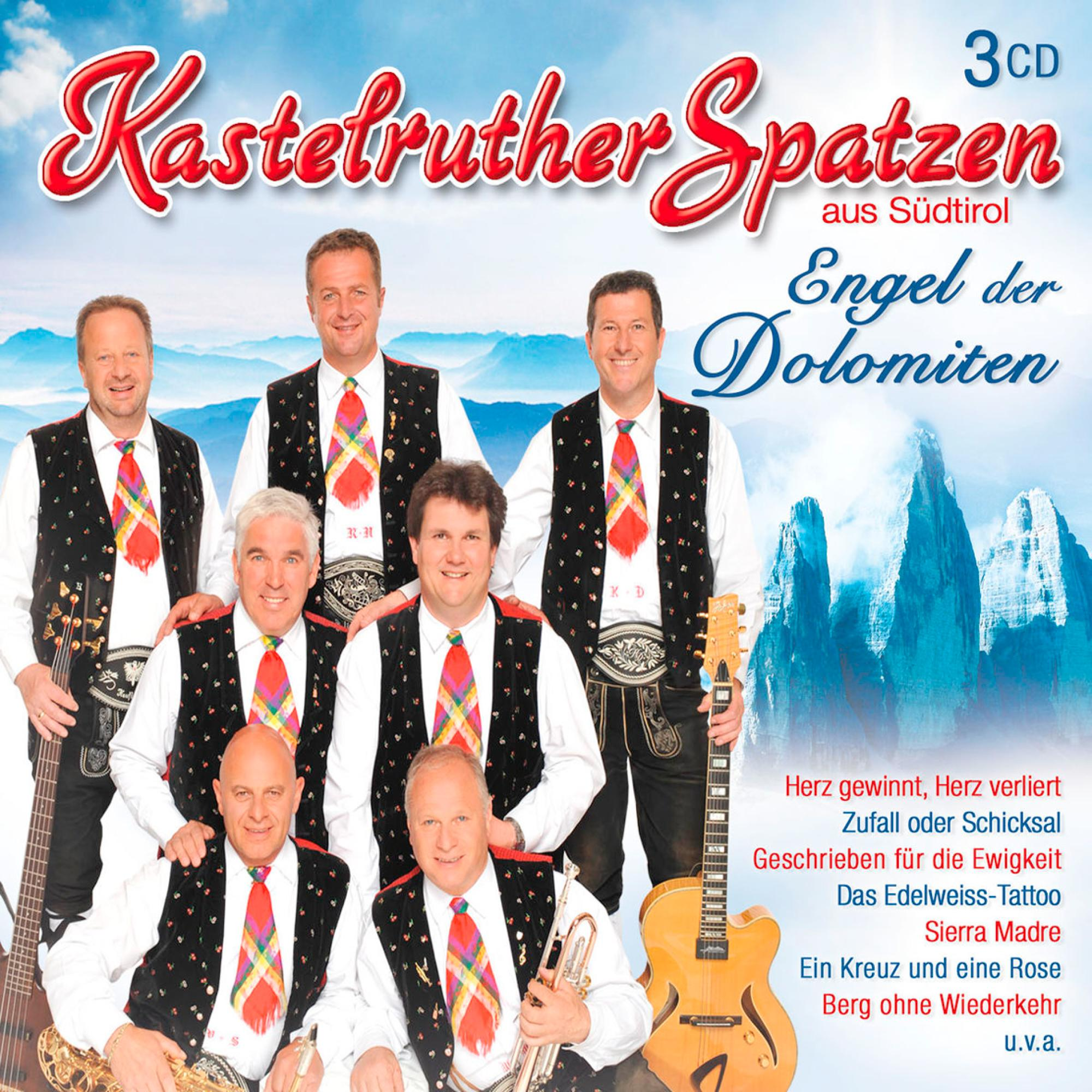 Albumcover: Eine Gruppe von Männern in traditioneller Kleidung, mit dem Titel 'Kastelruther Spatzen', mit Bergkulisse.