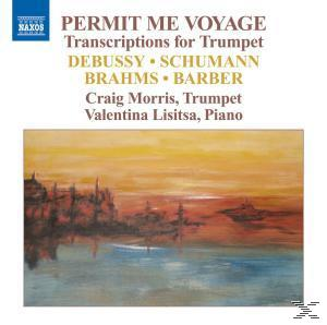 Albumcover mit Text: Permit Me Voyage, Debussy, Schumann, Brahms, Barber. Gemälde eines Sonnenuntergangs über Wasser.