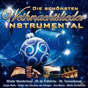 CD-Cover mit Weihnachtsschmuck, Musikinstrumenten und Text auf blauem Hintergrund.