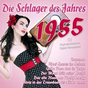 Albumcover, Frau mit roter Blume im Haar, hält ein Radio. Titel: Die Schlager des Jahres 1955.