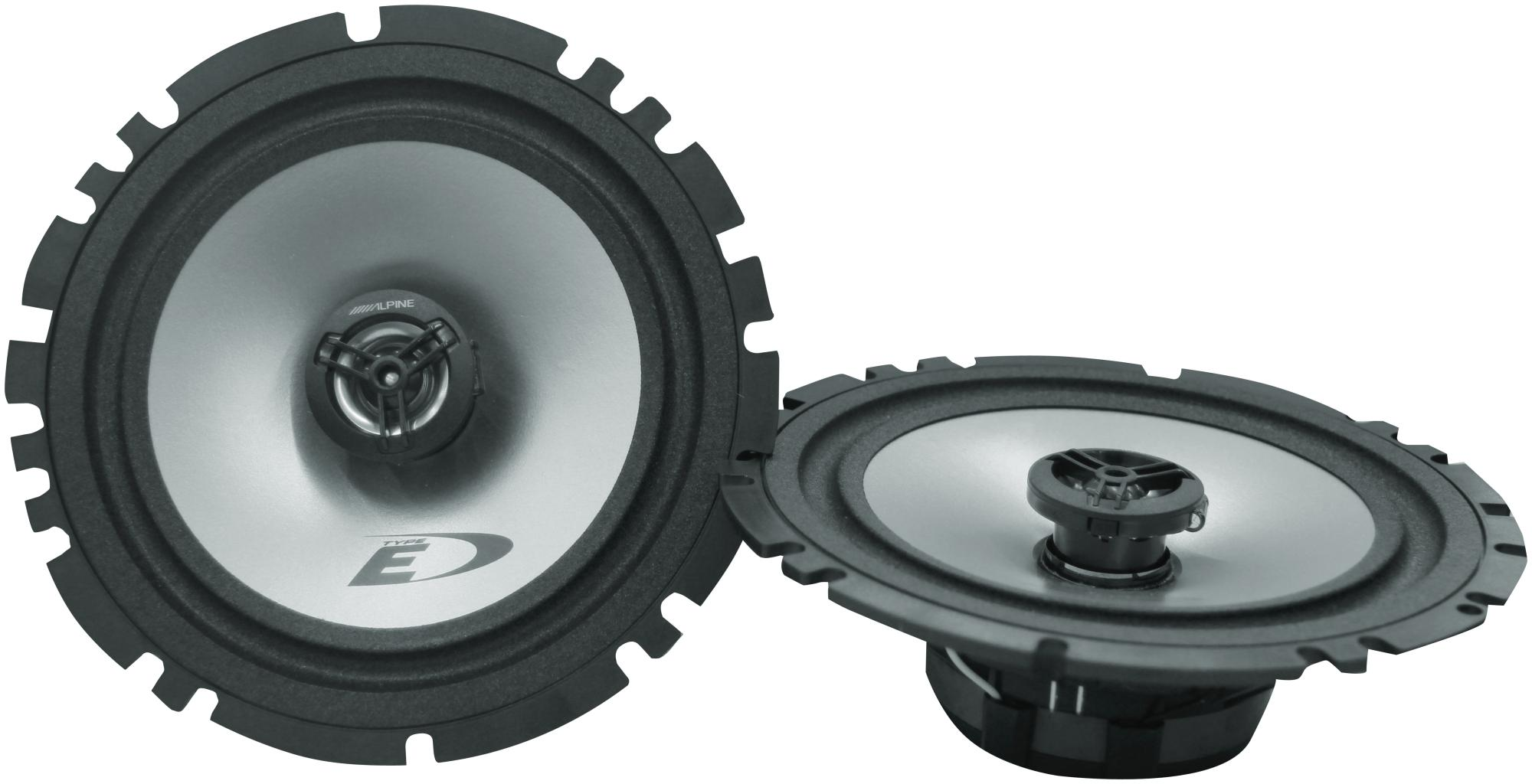 Due altoparlanti per auto Alpine E-Type. Colore scuro e forma rotonda.