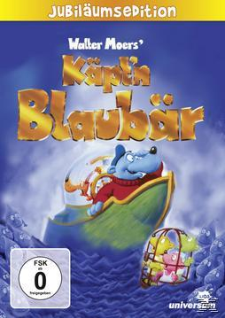 DVD-Cover: Walter Moers' Käpt'n Blaubär. Zeichentrickfigur auf blauem Boot, andere Charaktere.