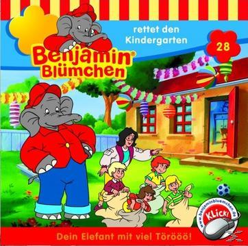 Benjamin Blümchen Cartoon-Cover. Ein Elefant mit Kindern, die vor einem Kindergarten spielen.