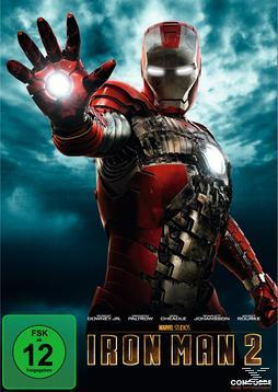 DVD-Cover, Iron Man 2, in rotem und silbernem Anzug, zeigend, mit Licht in der Hand.