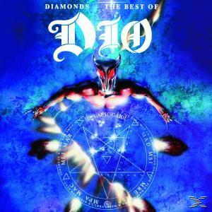 Albumcover: Dio, Figur, ein Symbol, blauer Hintergrund. Titel: Diamonds, the Best of Dio.