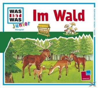 Buchcover mit Hirschen im Wald, Cartoon-Stil.
