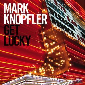 A 'Get Lucky' Mark Knopfler album borítója, neonfények, piros és fehér színvilág.