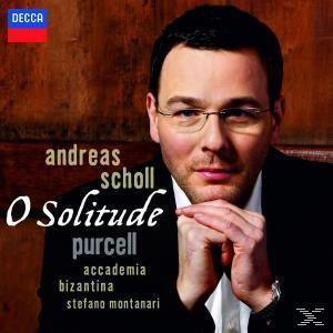 Albumcover mit einem Porträt von Andreas Scholl mit dem Text 'O Solitude' und weiteren Details.