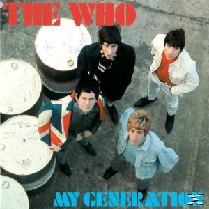 Albumcover: The Who, 'My Generation', Bandmitglieder um Fässer herum.