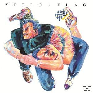 Kunstwerk von zwei verschlungenen Männern, einer hält eine karierte Flagge. Der Text 'YELLO FLAG' steht oben.