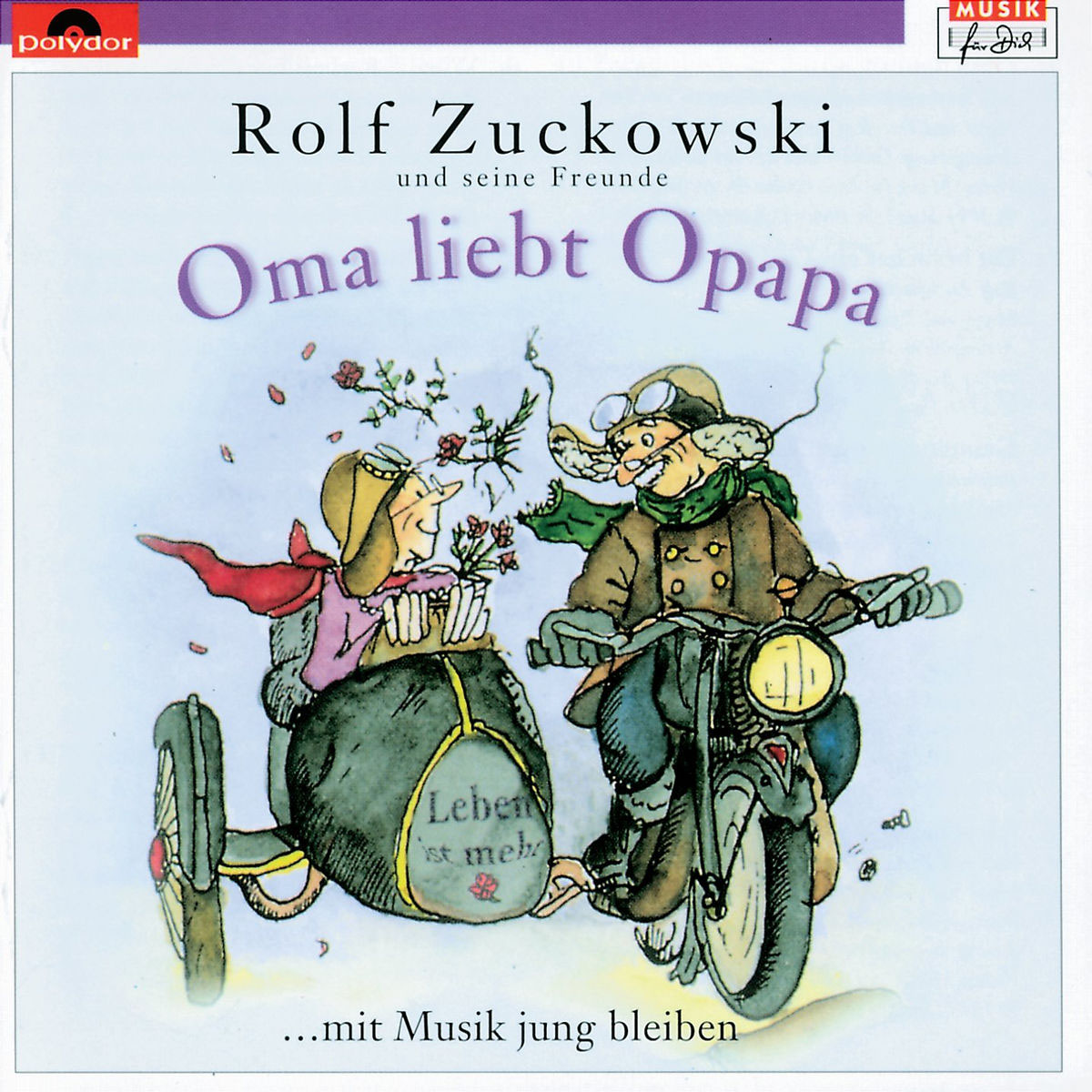 Cartoonbild eines älteren Paares in einem Motorrad-Seitenwagen, Titel 'Oma liebt Opapa'.